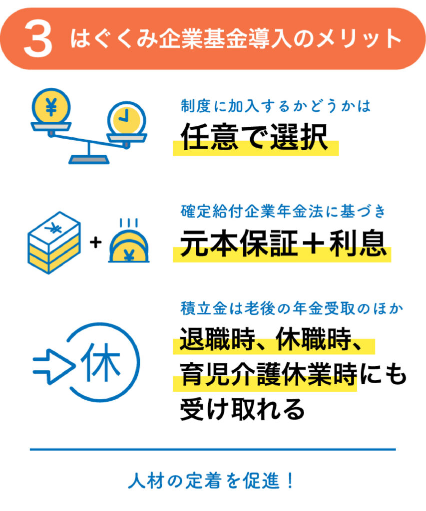 制度に加入するか任意で選択、
確定給付企業年金法に基づき元本保証＋利息、
積立金は老後の年金受取のほか退職時・休職時・育児介護休業時にも受け取れる
人材の定着を促進！