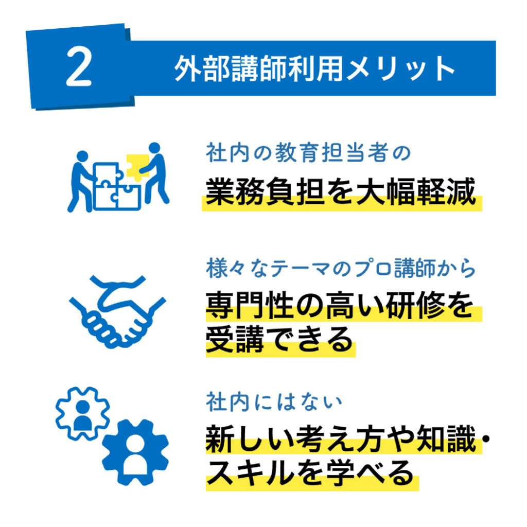 外部講師利用メリット
社内の教育担当者の業務負担を大幅軽減
様々なテーマのプロ講師から専門性の高い研修を受講できる
社内にはない新しい考え方や知識・スキルを学べる