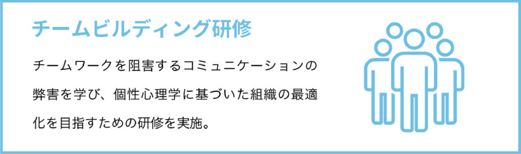 チームビルディング研修
チームワークを阻害するコミュニケーションの弊害を学び、個性心理学に基づいた組織の最適化を目指すための研修を実施。